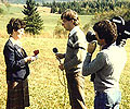 CATHOLINE gives an interview to Conor O'Neill of Skyline TV at the memorial ceremony for the Celtic cross at Martindale Pioneer Cemetery.