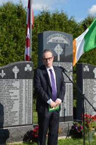 JIM KELLY the new Ambassador of Ireland to Canada was an honored guest at the commemoration ceremony at Martindale Pioneer Cemetery in Quebec. He gave a short address to the assembled guests.
