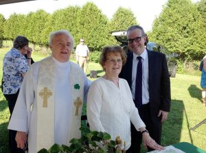 FATHER Larry McCormick with Catholine Butler [Elaine Gannon], and Jim Kelly the new Irish Ambassador to Canada.